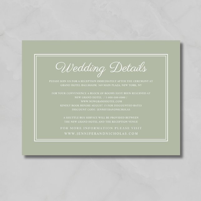 Elegant Formal Script Sage Green Wedding Details Enclosure Card (Elegant Formal Script Sage Green Wedding Details Enclosure Card)