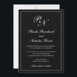 Elegant Formal Traditional Monogram Black Wedding Invitation<br><div class="desc">Traditional style black wedding invitation with a simple and classic design with your two initial monogram and your names in an elegant calligraphy inside of a thin border.  All design elements may be changed in the design editing tool. These elegant wedding invitations are perfect for a formal wedding.</div>