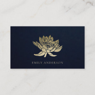 ELEGANT FORMAL TRENDY NAVY FAUX GOLD LOTUS FLORAL BUSINESS CARD