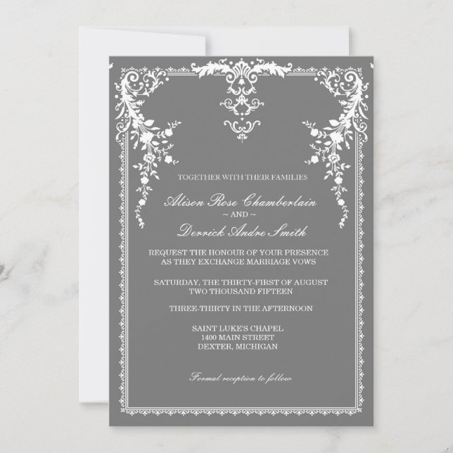 Elegant formal wedding invitation, grey grey invitation (Front)