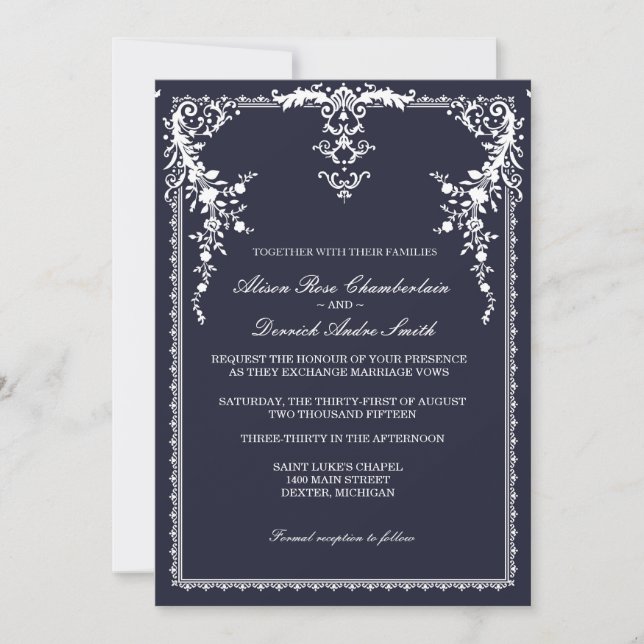 Elegant formal wedding invitation, navy blue invitation (Front)