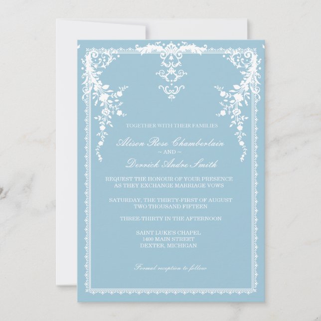 Elegant formal wedding invitation, sky blue invitation (Front)