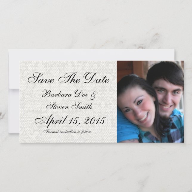elegant formal white damask lace brocade save the date (Front)