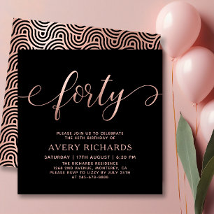 Elegant Forty Rose Gold Script Black 40th Birthday Invitation