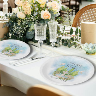 Elegant Fountain   flowers doves Wedding Luxury Paper Plate
