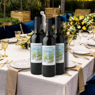 Elegant Fountain   flowers doves Wedding Luxury Wine Label