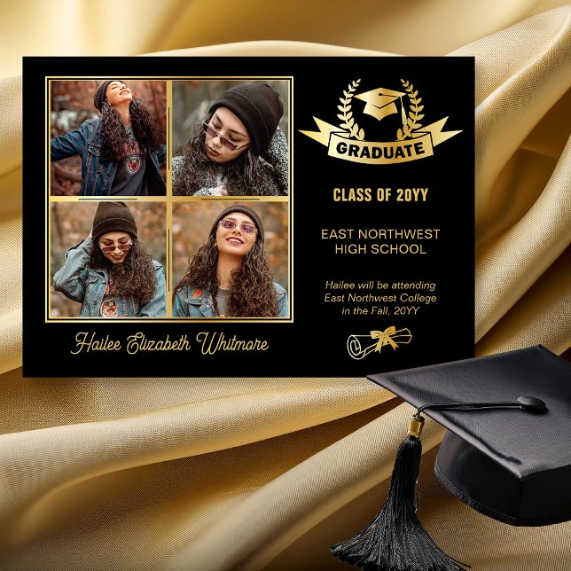 Elegant Four Photo Black | Gold Graduation Announcement (Elegant Four Photo Black and Gold Tone Graduation Announcement - Print | Digital Download)
