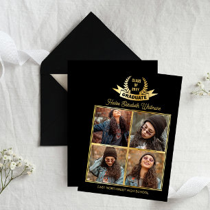 Elegant Four Photo Black Gold Graduation Announcement