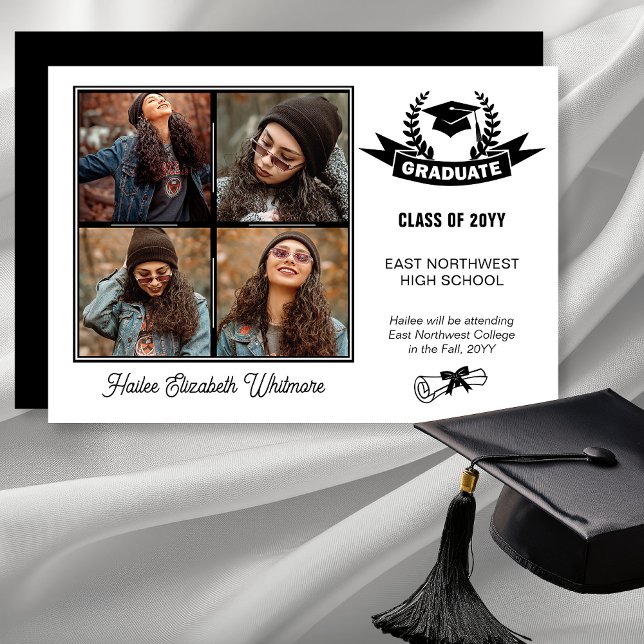 Elegant Four Photo Black | White Graduation Announcement (Elegant Four Photo Black on White Background Graduation Announcement - Print | Digital Download)