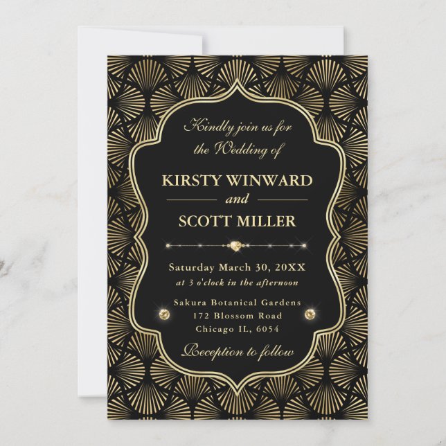 Elegant Frame Art Deco Fan Gold Wedding Invitation (Front)
