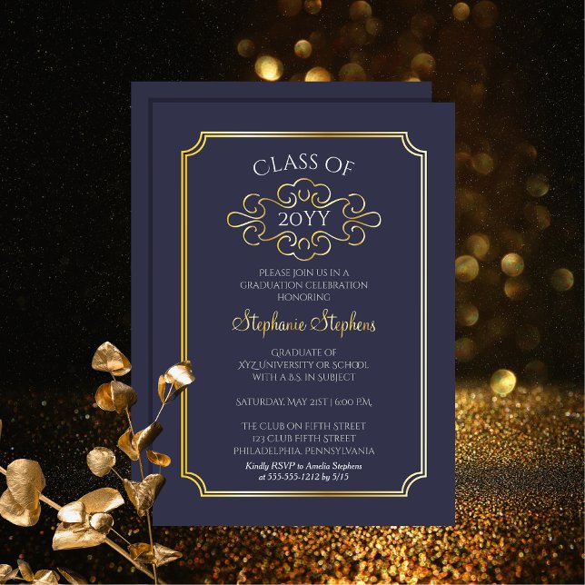 Elegant Frame Blue College Graduation Party  Foil  (Elegant Frame Blue College Graduation Party Gold Foil Announcement and Party Invitation)