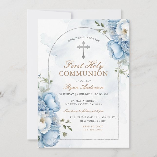 Elegant Frame Blue Floral First Holy Communion  Invitation (Front)