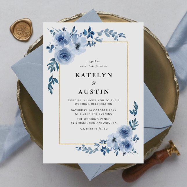 elegant frame blue floral wedding invitation (Creator Uploaded)