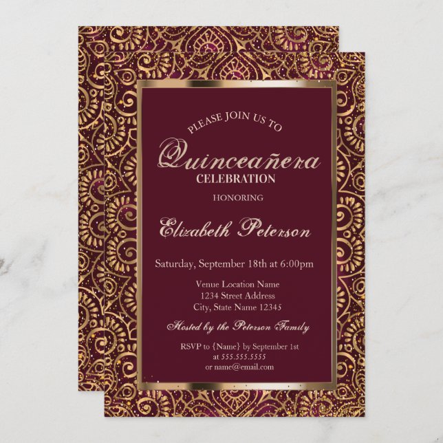 Elegant Frame Confetti Gold Mandala Quinceañera  Invitation (Front/Back)