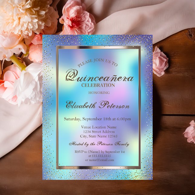 Elegant Frame Confetti Holographic  Quinceañera Invitation (Creator Uploaded)
