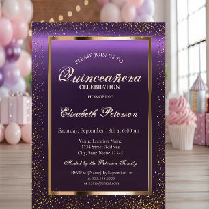 Elegant Frame Confetti Purple Quinceañera Invitation