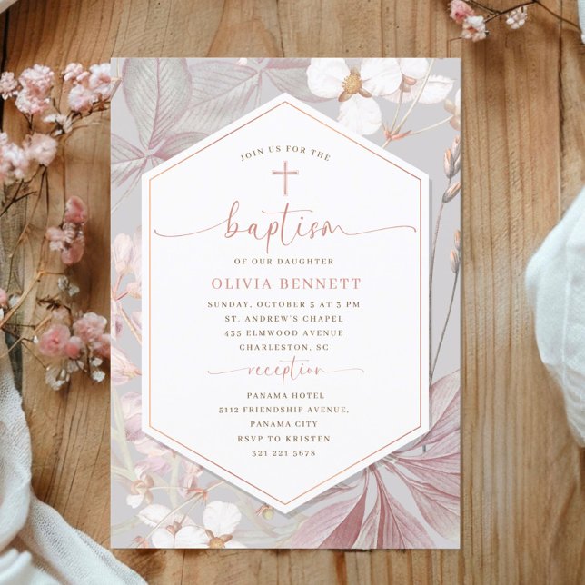 Elegant Frame Girl Baptism Flowery Watercolor Invitation (Creator Uploaded)