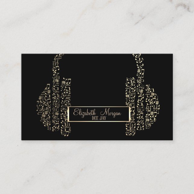 Elegant Frame,Gold Music Notes Headphone DJ Business Card (Front)