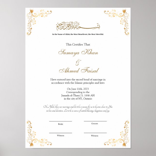 Elegant frame Muslim nikkah certificate poster (Front)