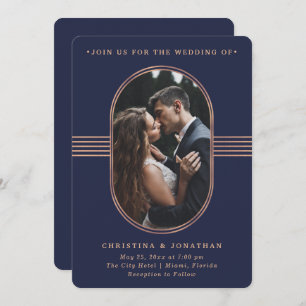 Elegant Frame   Navy and Rose Gold Photo Wedding Invitation