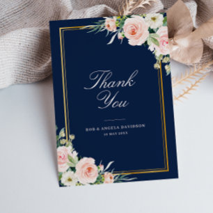 elegant frame navy blush floral wedding thank you card