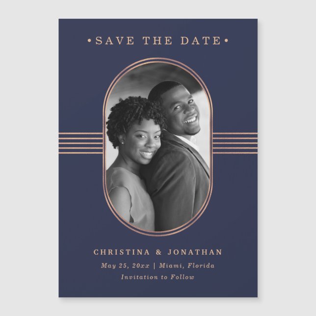 Elegant Frame | Navy Rose Gold Photo Save the Date (Front)