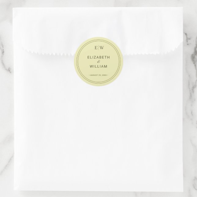 Elegant Frame on Celestial Yellow Monogram Wedding Classic Round Sticker (Bag)