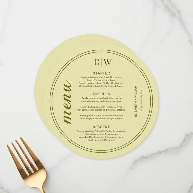 Elegant Frame on Celestial Yellow Monogram Wedding Menu (Front/Back In Situ)