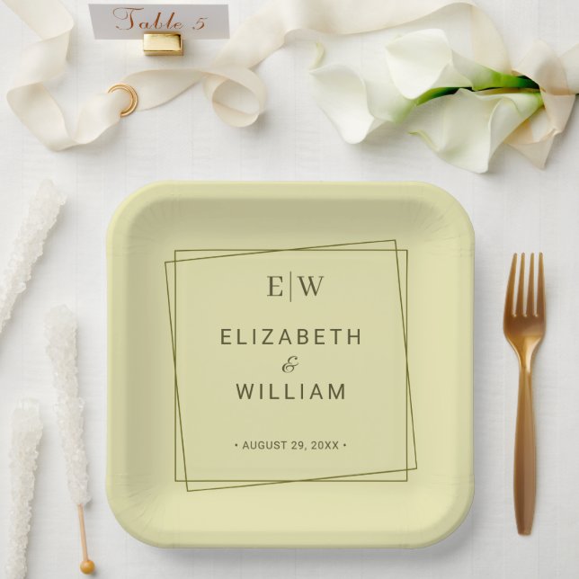 Elegant Frame on Celestial Yellow Monogram Wedding Paper Plate (Wedding)