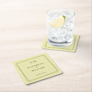 Elegant Frame on Celestial Yellow Monogram Wedding Square Paper Coaster