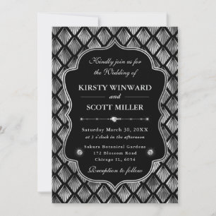 Elegant Frame Silver Fan Motif Art Deco Wedding Invitation