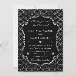 Elegant Frame Silver Fan Motif Art Deco Wedding Invitation
