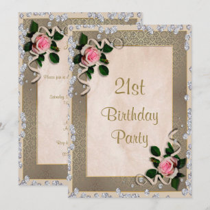 Elegant Framed Pink Roses 21st Birthday Invitation