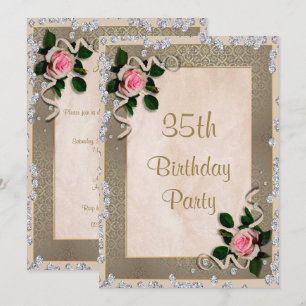 Elegant Framed Pink Roses 35th Birthday Invitation