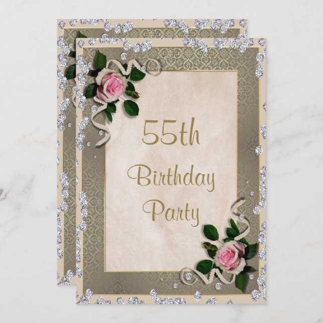 Elegant Framed Pink Roses 55th Birthday Invitation (Front/Back)