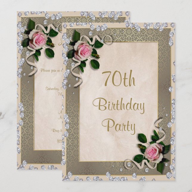 Elegant Framed Pink Roses 70th Birthday Invitation (Front/Back)