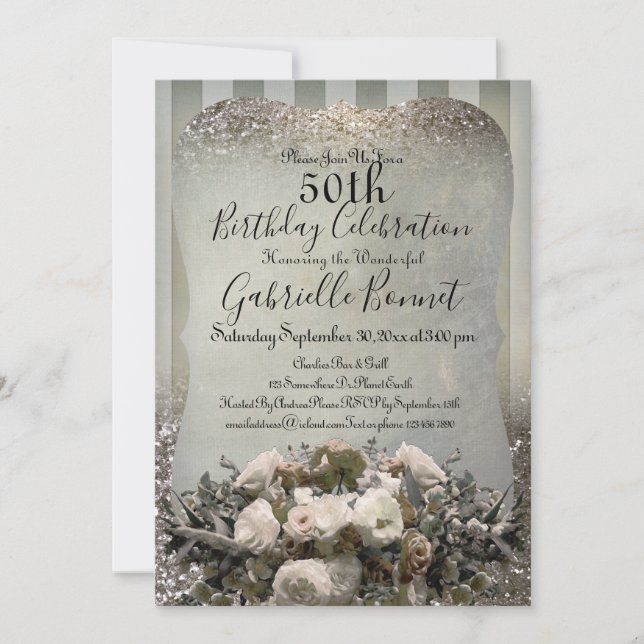 Elegant Frech Vintage Striped Floral Champagne Invitation (Front)