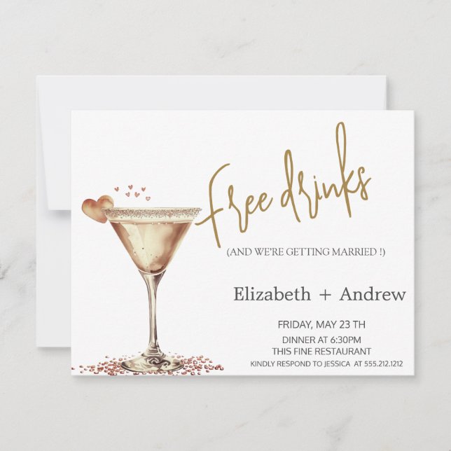 Elegant Free Drinks,Martini Glass Heart Invitation (Front)