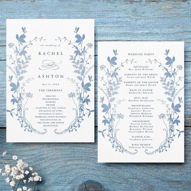  Elegant French Blue Botanical Wedding Ceremony Programme (Front & Back)