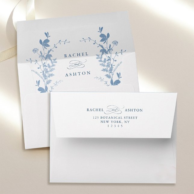  Elegant French Blue Botanical Wedding  Envelope (Inside & Back)
