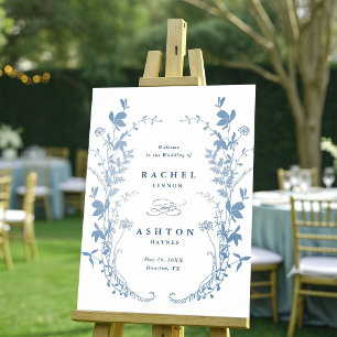 Elegant French Blue Botanical Wedding Welcome Poster