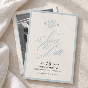 Elegant French Blue Calligraphy Typography Photo Save The Date