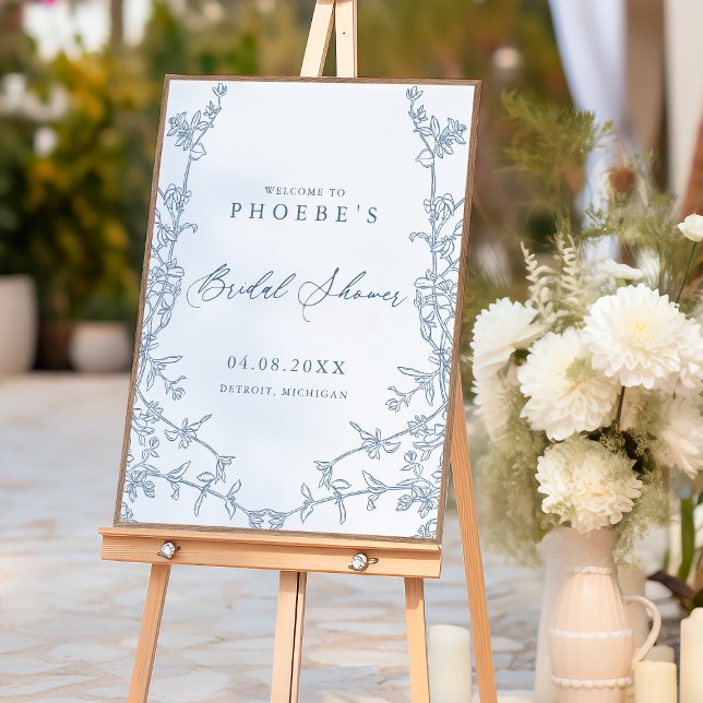 Elegant French Blue Floral Bridal Shower Welcome Poster (Creator Uploaded)