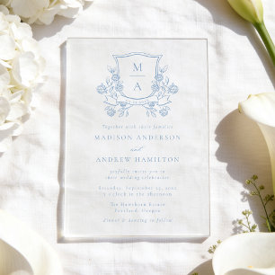 Elegant French Blue Floral Crest Monogram Wedding Acrylic Invitations