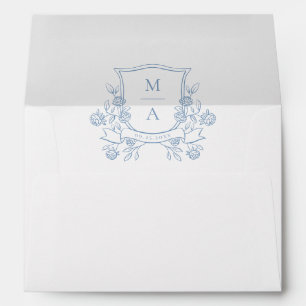 Elegant French Blue Floral Crest Monogram Wedding Envelope