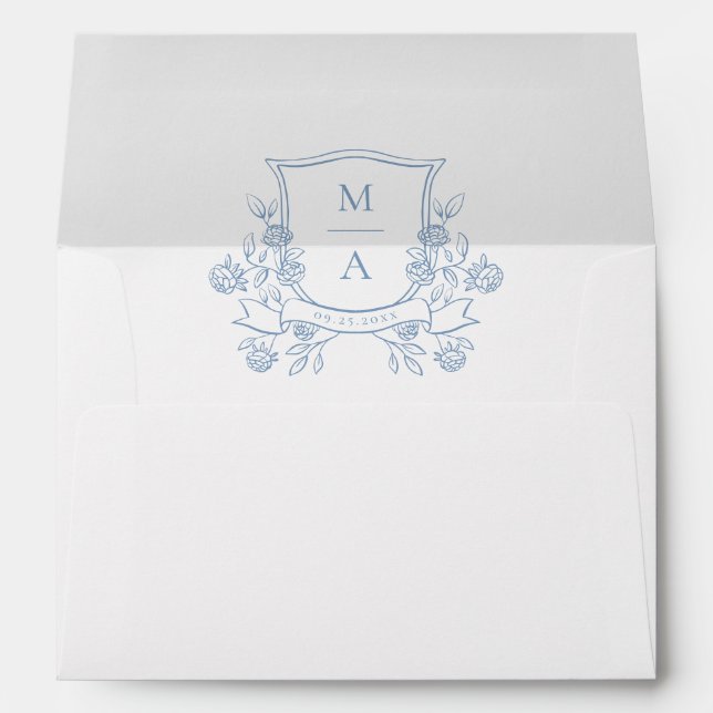 Elegant French Blue Floral Crest Monogram Wedding Envelope (Back (Bottom))