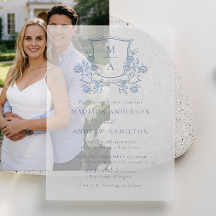 Elegant French Blue Floral Crest Monogram Wedding Vellum Invitations