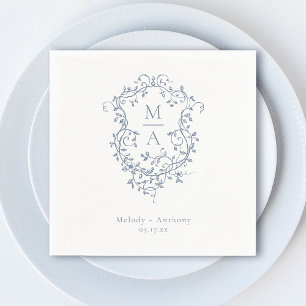 Elegant French Blue Floral Crest Wedding Napkin