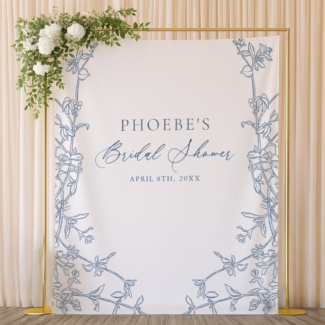 Elegant French Blue Floral Frame Bridal Backdrop Tapestry (Creator Uploaded)