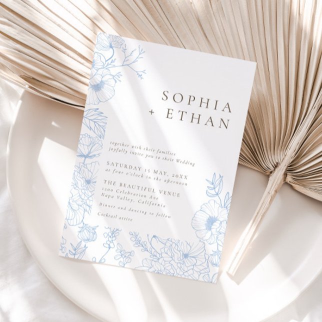 Elegant French Blue Floral Line Art Wedding Invitation (Creator Uploaded)